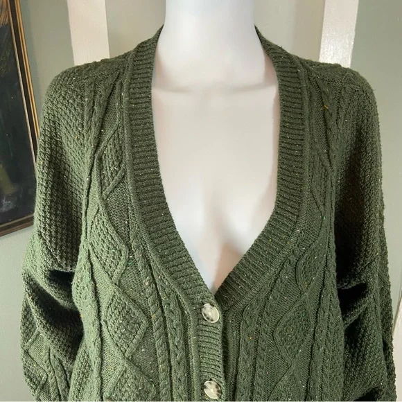 NWT New LOFT Forest Green Flecked Cable Knit Cardigan Sweater XLarge XL - Picture 7 of 11